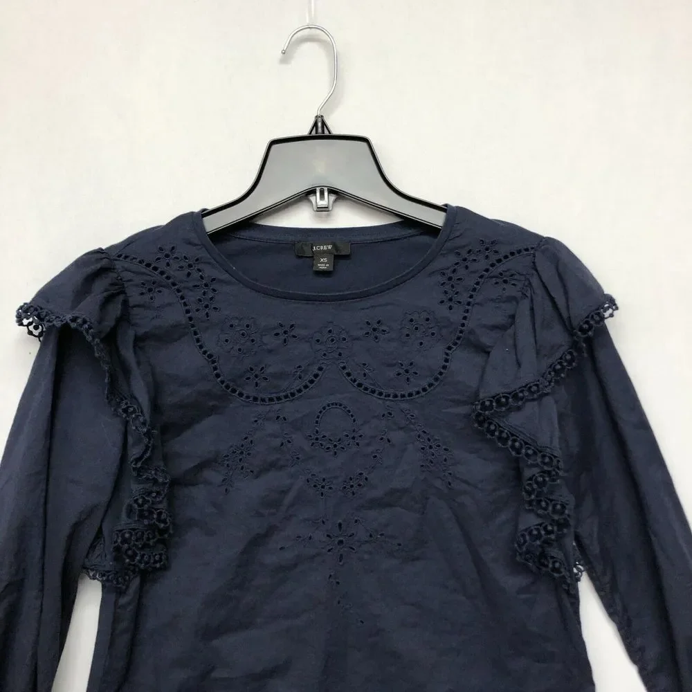 J. CREW Embroidered Ruffle Sleeve Top Blouse Navy Blue Size Extra Small M115 -22 - Picture 9 of 13